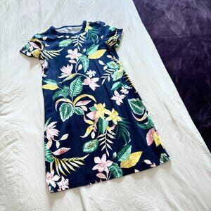 OLD NAVY Petite Fitted Crew Neck T-Shirt Shift Dress Blue Tropical Print. Size M